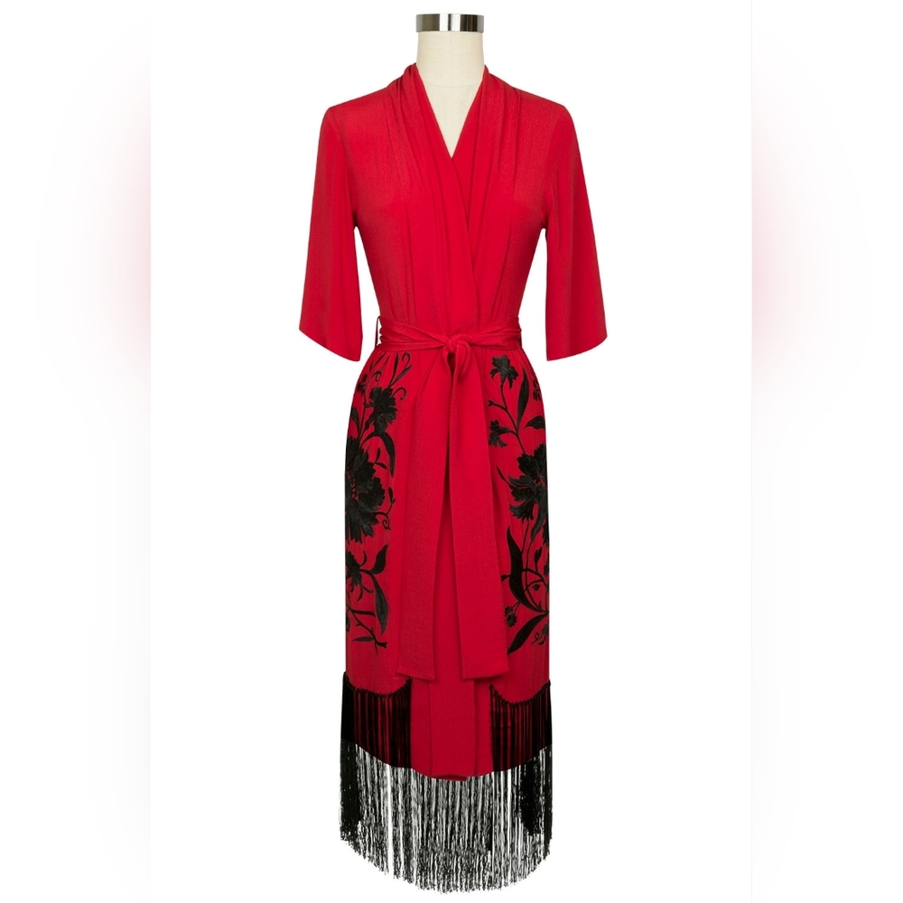 TRASHY DIVA Red Embroidered Flapper Robe Black Fringe sz S